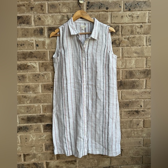 Garnet Hill White Striped Linen Midi Shirt Dress size 10 - Picture 2 of 7